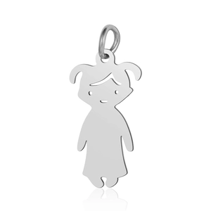 Macro view of a silver girl-shaped hollow pendant with a polished mirror finish