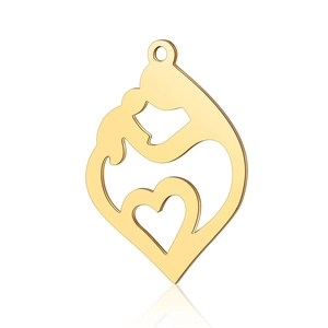 Macro view of gold stainless steel heart pendant with mother and child silhouette detail