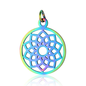 Close-up of rainbow plated stainless steel mandala pendant with iridescent metallic finish