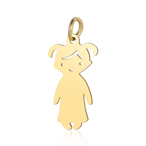 Detailed view of polished gold cartoon girl pendant with hollowed-out metal design
