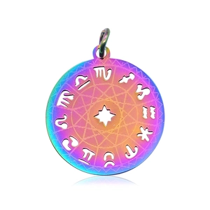 Detailed macro of iridescent stainless steel zodiac charm with hollow star design