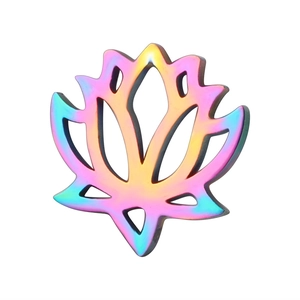 Detailed macro view of hollow lotus pendant with iridescent rainbow gradient finish