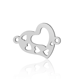 Detailed view of silver heart-shaped stainless steel charms with镂空 hollow-out patterns