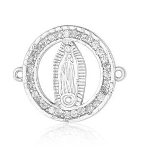 Macro view of silver Virgin of Guadalupe connector with clear zircon pave setting