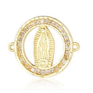 Macro view of golden Virgin of Guadalupe connector with white cubic zirconia pavé setting