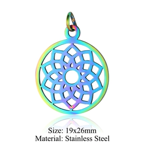 Colorful mandala lotus pendant in stainless steel with rainbow plating and size 19x26mm