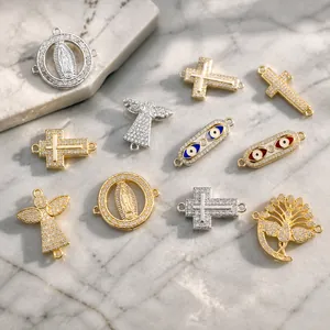 18k gold plated copper zircon connectors with cross, angel and evil eye for DIY jewelry