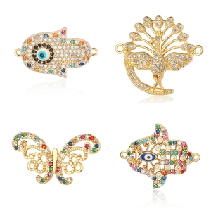 Hamsa Hand and Peacock charms in gold plating with zircon stones for DIY bracelets