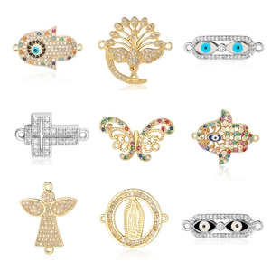 DIY jewelry connectors with evil eye and hamsa hand charms in gold finish