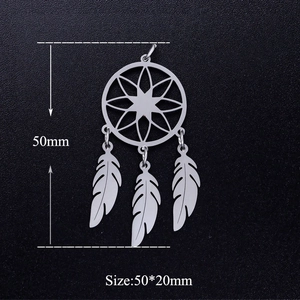 Detailed size view of stainless steel lotus dreamcatcher pendant with feather tassels