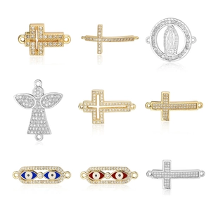 Religious themed jewelry connectors with zircon cross angel and evil eye for DIY bracelets