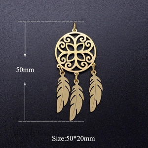 Detail showing dimensions of 50x20mm gold lotus dreamcatcher pendant with feathers