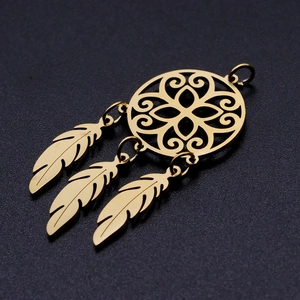 Detailed view of a gold lotus mandala pendant with three delicate feather charms