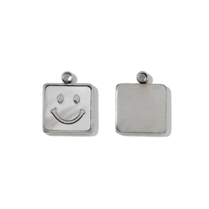 Detailed front and back view of a square smiley face charm in stainless steel and pearl