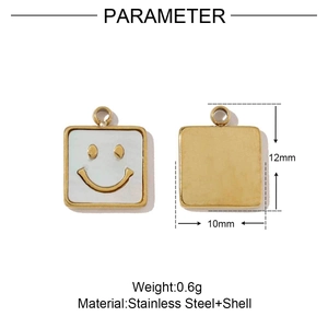 Detailed macro view of a 12mm square stainless steel smiley face charm with shell inlay