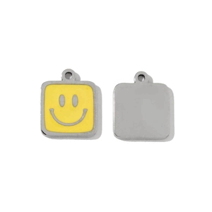 Front and back view of a square yellow enamel smiley face stainless steel pendant charm