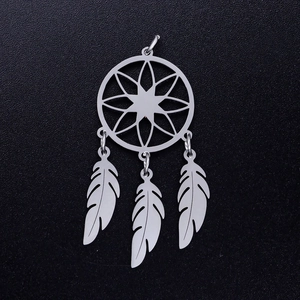 Polished stainless steel dreamcatcher pendant with intricate lotus and feather details