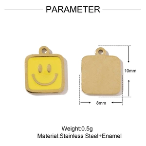 Macro detail of square smiley pendant in gold finish with enamel and 10x8mm dimensions