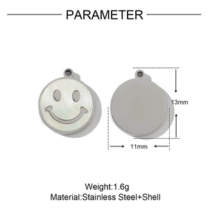 Detail view showing front shell smile pendant and back stainless steel size measurements