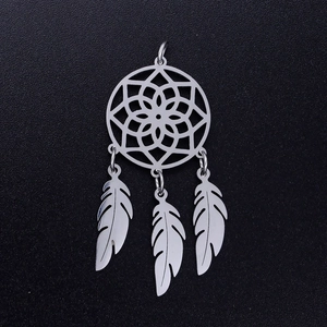 Polished silver stainless steel lotus dreamcatcher pendant with three feather charms