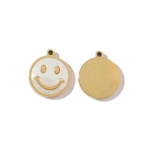 Detail view of double-sided gold-plated smiley face pendant for DIY jewelry making