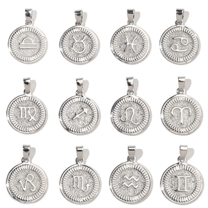 Copper Zirconia Zodiac Constellation Coin Pendant For DIY Jewelry Making Round Astrology Charms For Necklace Bracelet Women Gift