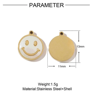 Detail view of 13mm stainless steel pendant with white shell smiley face and dimensions