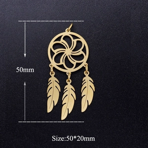 Golden lotus dreamcatcher pendant with feathers in stainless steel, size 50x20mm