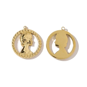 Detailed macro view of a gold-plated circular relief pendant featuring a female portrait silhouette