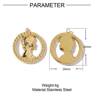 Detail of 22mm gold stainless steel portrait coin pendant showing dimensions and weight