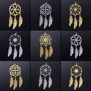 Stainless Steel Dreamcatcher Pendant Hollow Lotus Feather Charm For DIY Necklace Earring Making Bohemian Jewelry Accessory