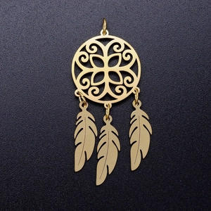 Bohemian gold stainless steel lotus dreamcatcher pendant with three delicate feather charms
