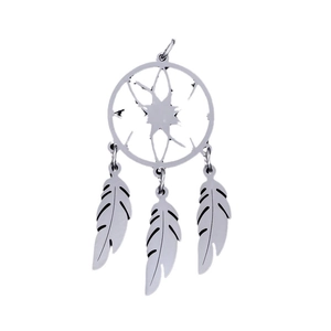 Silver stainless steel lotus dreamcatcher pendant with three detailed feathers on white back