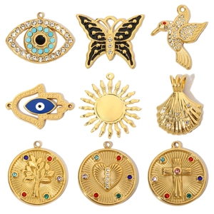 Vintage Stainless Steel DIY Pendant Butterfly Sun Cross Evil Eye Heart Shell Hummingbird Gold Plated Rhinestone Charm