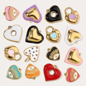 Collection of 16 colorful heart-shaped stainless steel charms with enamel and crystals