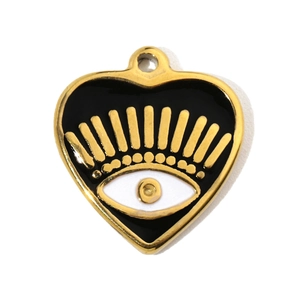 Detailed view of heart-shaped black enamel eye pendant with golden stainless steel edges