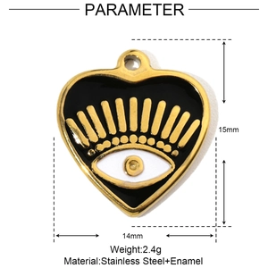 Detailed technical view of heart eye pendant with dimensions 15mm and 14mm