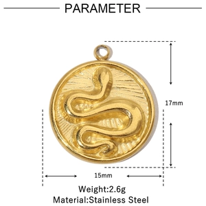 Macro view of gold stainless steel snake relief pendant with measurement details
