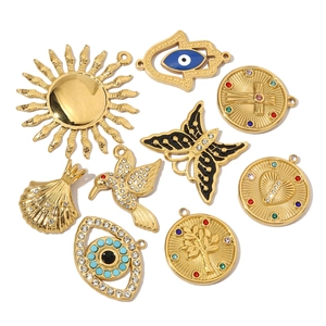 Set of vintage gold titanium steel charms with colorful enamel and rhinestone butterfly icons