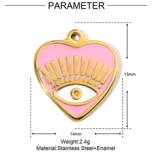 Macro view of pink enamel heart pendant with golden eye motif and size measurements