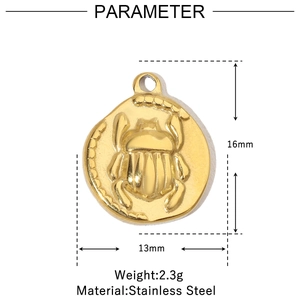 Technical drawing showing gold stainless steel beetle pendant dimensions 16mm x 13mm