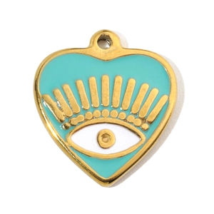 Detail of a gold-plated heart pendant with turquoise enamel eye and white lashes