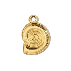 Detailed macro view of a golden shell pendant featuring spiral texture and fine metal dots