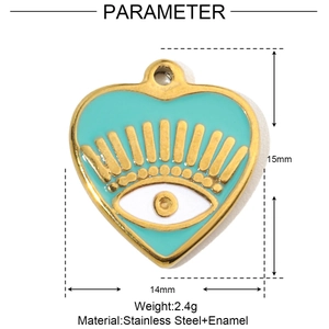 Detailed size view of blue enamel heart evil eye pendant in gold plated stainless steel