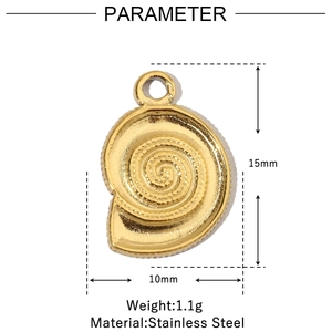 Detailed parameter view of a gold-tone stainless steel snail pendant measuring 15mm by 10mm