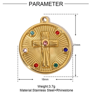 Detail of round stainless steel cross pendant with colorful rhinestones and dimensions