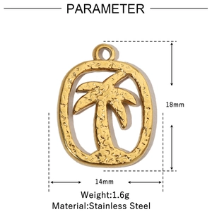 Detailed view of a golden stainless steel palm tree pendant with hammered texture and dimensions