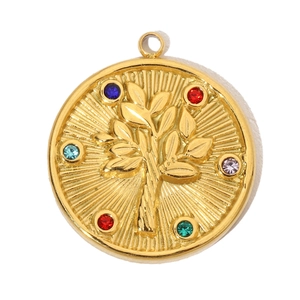 Detail of a golden Tree of Life pendant with six vibrant colored crystal gemstones