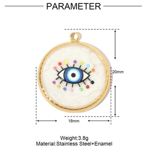 Dettaglio di un ciondolo evil eye in smalto da 18mm con misure e specifiche tecniche