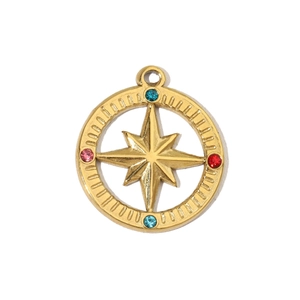 Detailed macro view of a gold hollow compass pendant featuring colorful gemstones